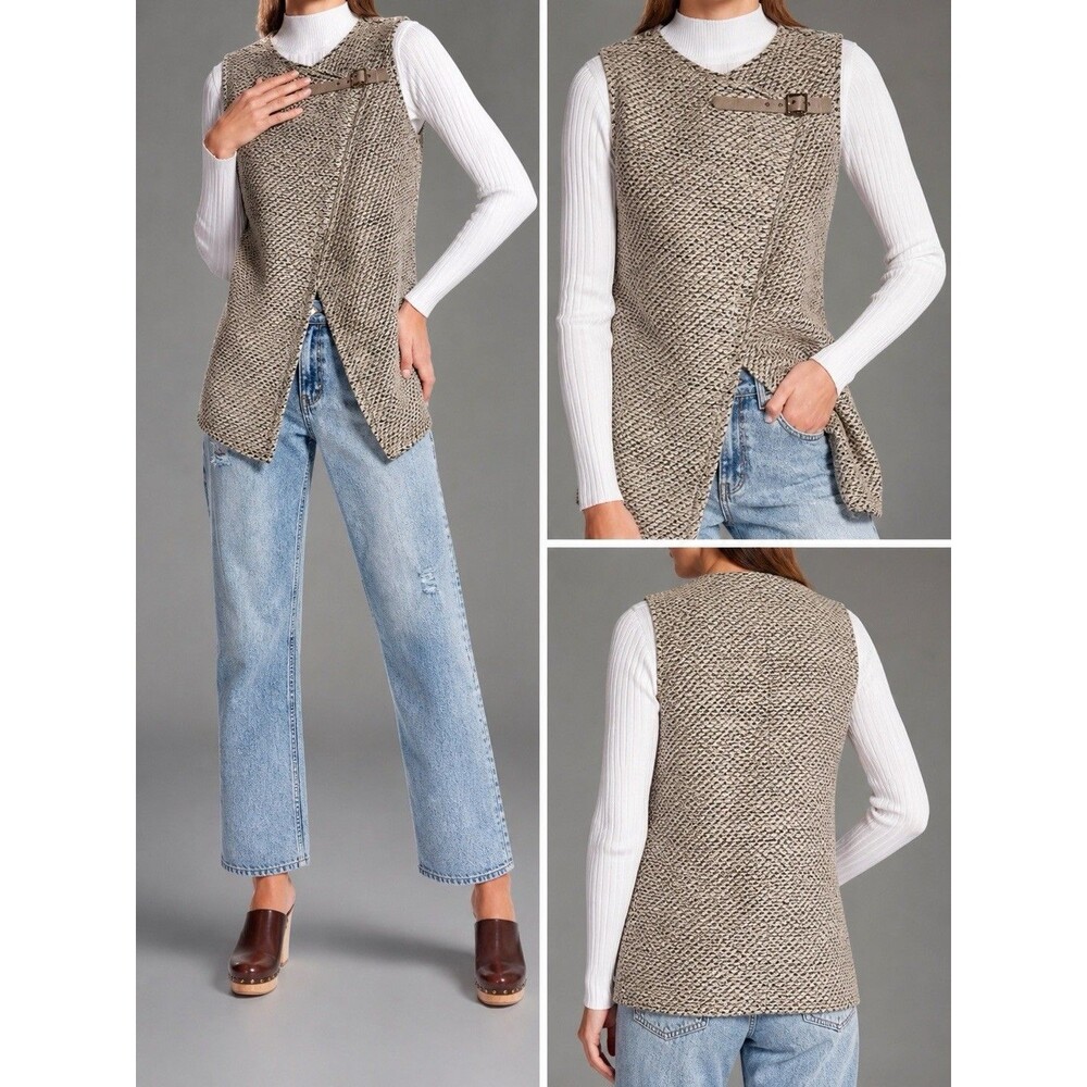 Womens Brown Tweed Vest Open Front Buckle Sleeveless Textured Boho Small Chic